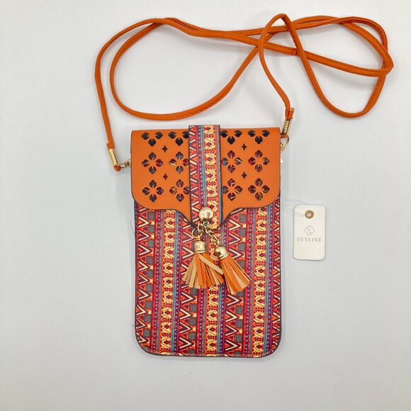 NWT Styline Leather Small Crossbody Bag - Cell Phone Bag - Aztec print 2 tassles - Picture 1 of 8